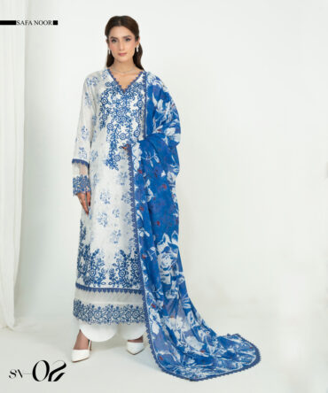 3 Piece Safa Noor Unstitched Blue Embroidered Lawn