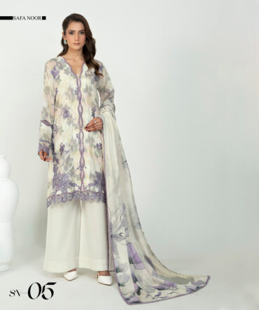 3 Piece Safa Noor Unstitched Light blue Embroidered Lawn