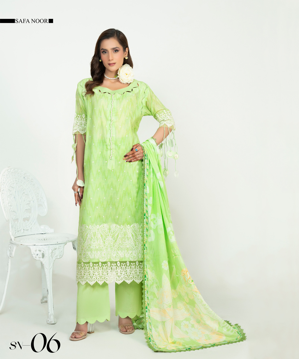 3 Piece Safa Noor Unstitched Mint Green Embroidered Lawn