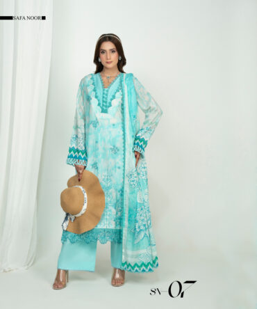 3 Piece Safa Noor Unstitched Turquoise Embroidered Lawn