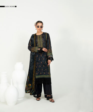 3 Piece Safa Noor Unstitched Warm Black Embroidered Lawn