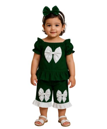 Girls' Green & White Bow Dress Set with Headband