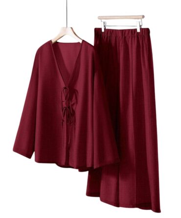 Women's Solid Tie Front Long Sleeve Shirt And Pants 2 Pieces Casual Set