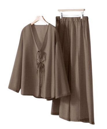 Women's Solid Tie Front Long Sleeve Shirt And Pants 2 Pieces Casual Set