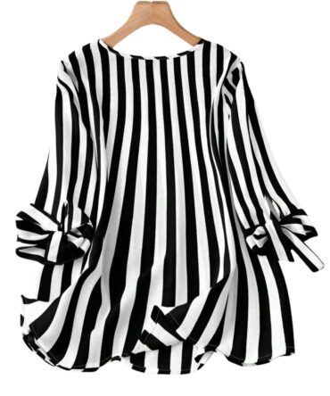 Women Loose Striped Shirt With Notched V-Neckline