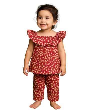 Red & Cream Leaf Print Ruffle Top with Matching Trousers